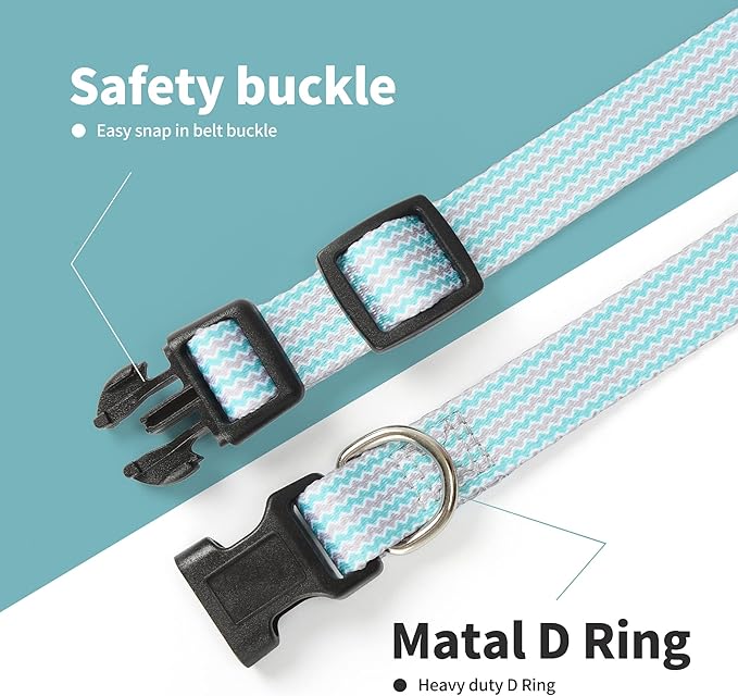 Mile High Life Dog Collar | Cute Puppy Collars | Lightweight Girl Dog Collar | Soft Boy Dog Collars | w Geometric Plaid Wave Line Pattern (Green Wave, Small)