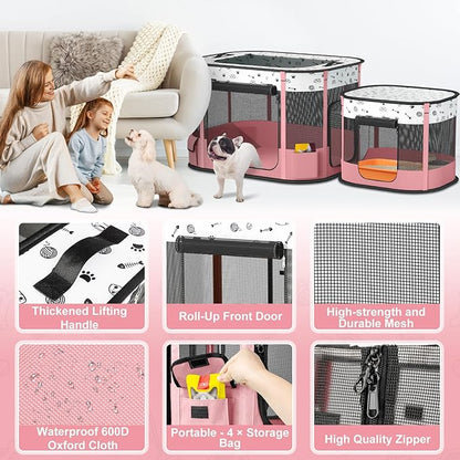 Portable Cat Playpen with litter box area, Foldable Pet Dog Playpen, for Kitten Puppy Play Pen Indoor/Outdoor, Cats Enclosure Cages Tent with Carrying Case, 600D Oxford 8-Rods, 32"x24"x22", Pink