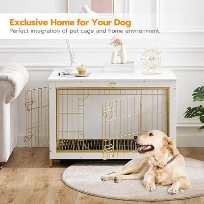 HOOBRO Dog Crate Furniture, 38.6" Large Dog Kennel Indoor, Wooden Cage with Pull-Out Tray, Double Doors Pet House Side End Table for Large/Medium/Small Dogs, White DW982GW03