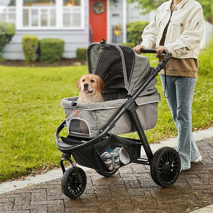 VEVOR Large Pet Stroller for Dogs Cats up to 75lbs, 3 Wheels Folding Cat Dog Stroller, Portable Pet Jogging Stroller with Storage Basket, Adjutable Handle Height and Zipperless Canopy