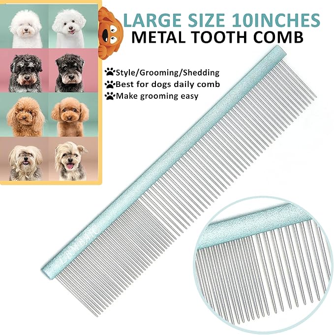10inches Large Dog Metal Grooming Comb for Shedding Matted Hair for Large Dogs Metal Dog Comb with Long Wide Tooth for Poodles and Goldendoodles Reduce Tangles,Mats and Knots.(Blue)