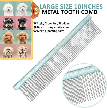 10inches Large Dog Metal Grooming Comb for Shedding Matted Hair for Large Dogs Metal Dog Comb with Long Wide Tooth for Poodles and Goldendoodles Reduce Tangles,Mats and Knots.(Blue)
