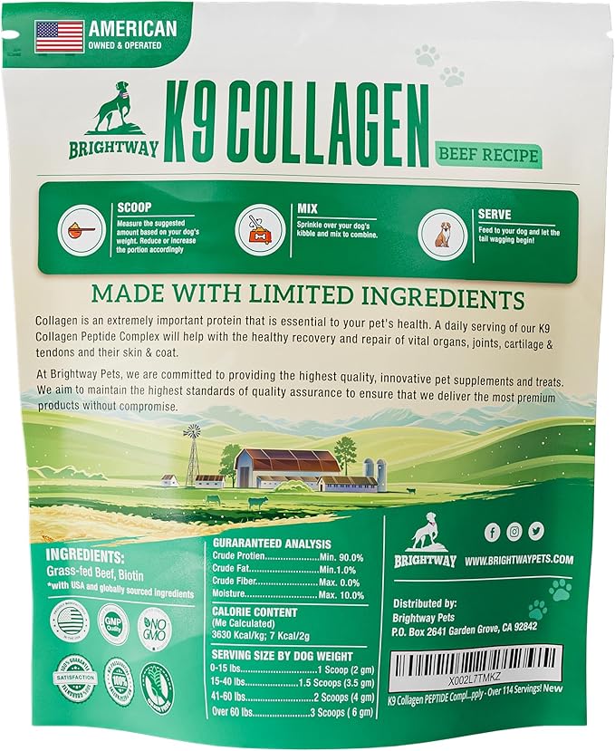 K9 Collagen PEPTIDE Complex W/BIOTIN - Hip & Joint Supplement for Dogs- Supports Healthy Joints, Skin & Coat  Helps in Recovery & Repair 3+ Months Supply - Over 114 Servings!