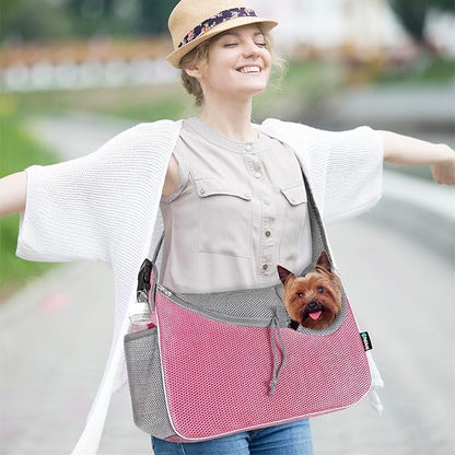 PetAmi Small Dog Sling Carrier, Soft-Sided Crossbody Puppy Carrying Purse Bag, Adjustable Sling Pet Pouch to Wear Medium Dog Cat Travel, Dog Bag for Traveling, Breathable, Poop Bag Dispenser, Pink
