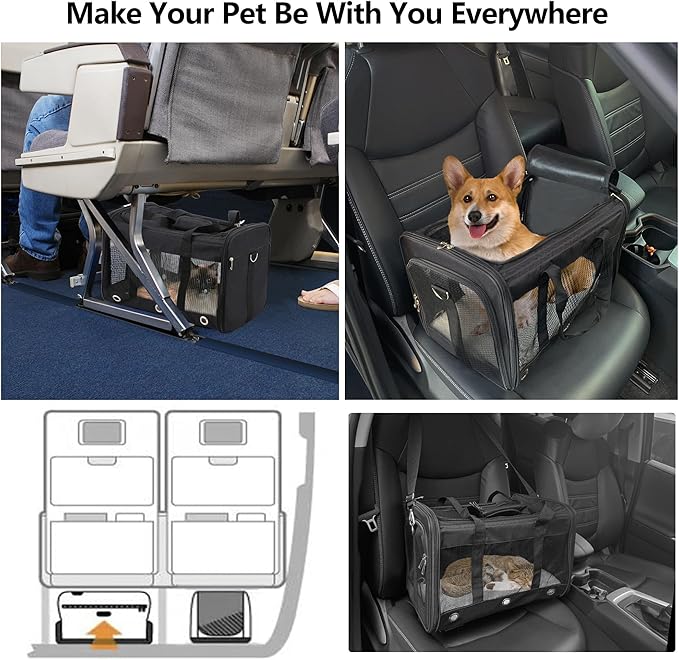 Soft Sided Cat/Dog Carrier，Collapsible Mesh Pets Travel Carriers for Pet/Puppy with Shoulder Strap & Removable Mat，Top Load Small Dogs/Cats Carry Bag Up to 25 Lbs（Black - L）