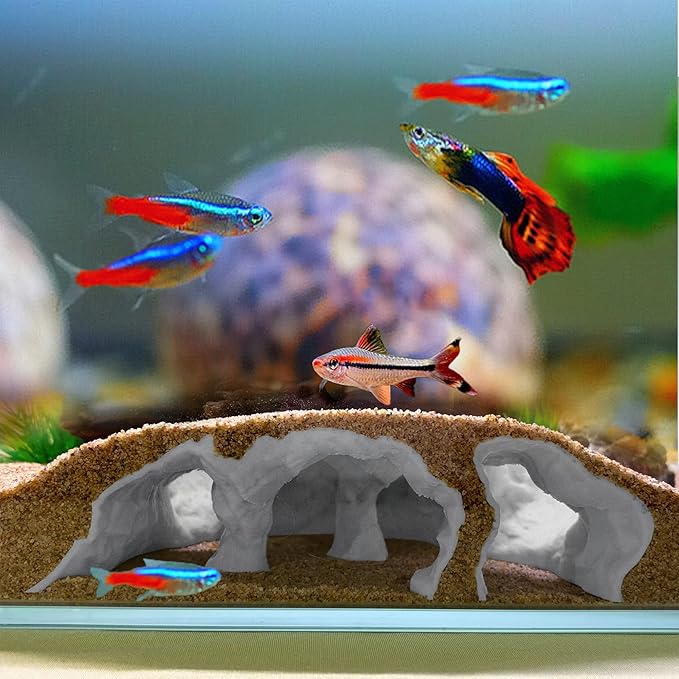 LIYAOLI Aquarium Cave Tunnel 3D Printed - Fish Tank Decoration Natural Fish Hideout for Pleco, Shrimp & Corydoras | Sinking Base & Viewing Ports | Substrate-Friendly Decor (7.3" Under Gravel Design)