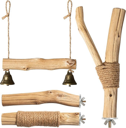 Natural Solid Wood Bird Perch and Swing - Durable Toys for Parakeets, Parrots & Birds - Safe cage Accessories with High Hardness Texture