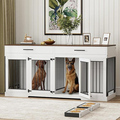 Rophefx 72" Dog Crate Furniture for 2 Dogs, Large Dog Kennel Furniture with 2 Storage Drawer and Removable Divider, Wooden Dog Cage with 4 Bowls, Indoor Dog House TV Stand for Medium Dog, White