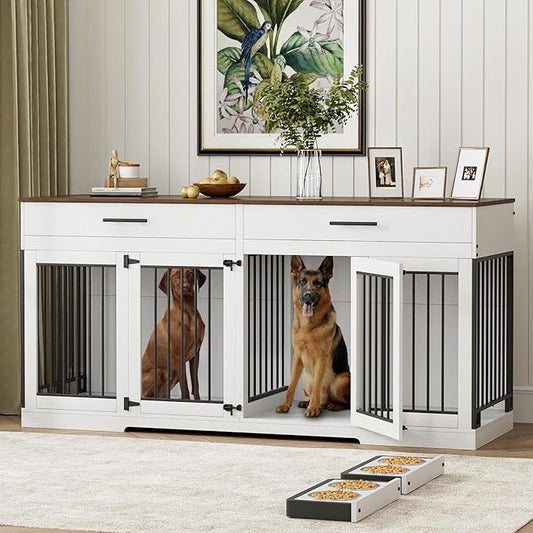 Rophefx 72" Dog Crate Furniture for 2 Dogs, Large Dog Kennel Furniture with 2 Storage Drawer and Removable Divider, Wooden Dog Cage with 4 Bowls, Indoor Dog House TV Stand for Medium Dog, White