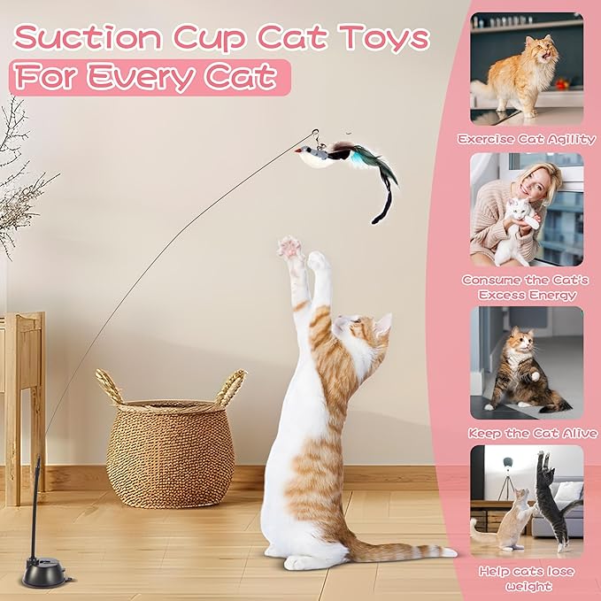 Interactive Bird Simulation Cat Toy Set,Cat Wand Toys,Wand Self-Holding Suction Cups Base,Include Detachable 6 Pcs Replacements Feathers Toys