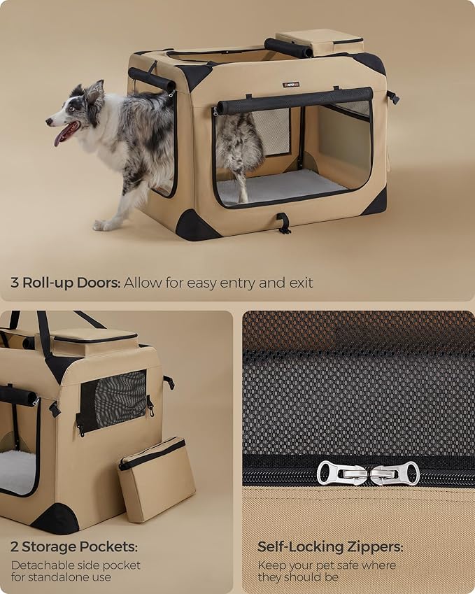 Feandrea 36 Inches Collapsible Soft Dog Crate, Portable Travel Dog Crate for Indoor and Outdoor Use, Dog Carrier Kennel with Safety Zippers, for Living Room, Car, Travelling,Camel Brown UPDC090K01