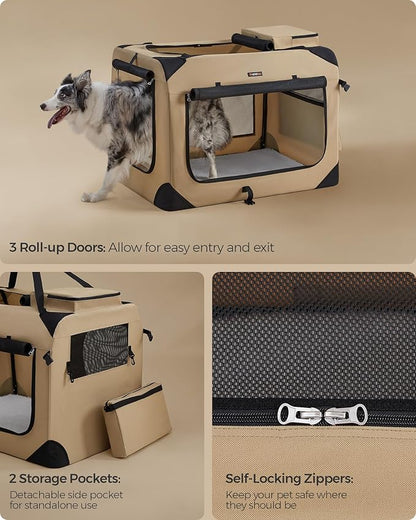 Feandrea 36 Inches Collapsible Soft Dog Crate, Portable Travel Dog Crate for Indoor and Outdoor Use, Dog Carrier Kennel with Safety Zippers, for Living Room, Car, Travelling,Camel Brown UPDC090K01