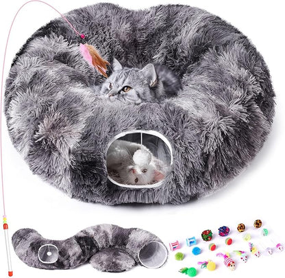 Odoland Cat Tunnel Bed with 20 Cat Toys - Indoor Plush Kitten Couch,Detachable Cats Cave Donut Tunnel & Soft Kitten Toy Set-Cozy Cat Furniture Black