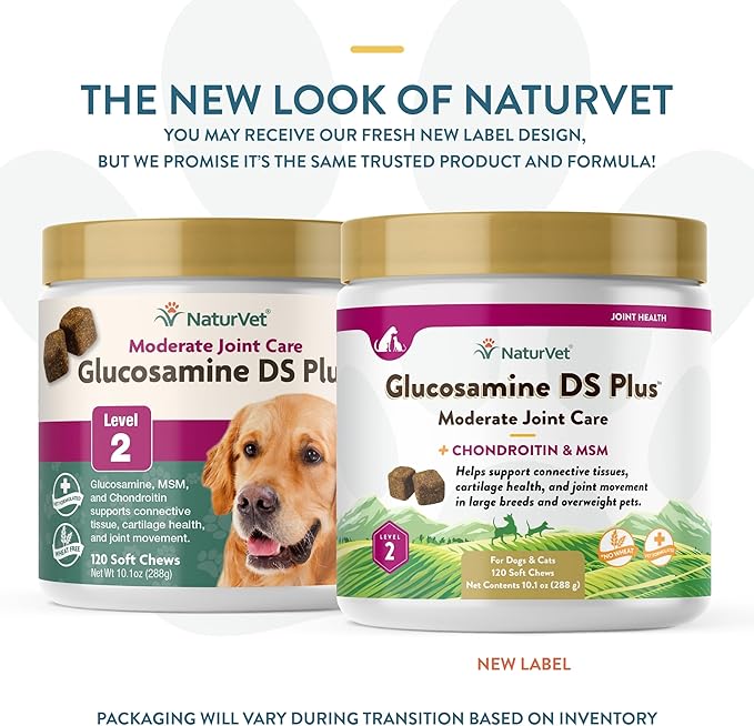 NaturVet  Glucosamine DS Plus - Level 2 Moderate Care  Supports Healthy Hip & Joint Function  Enhanced with Glucosamine, MSM & Chondroitin  for Dogs & Cats120 Soft Chews