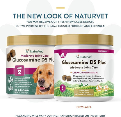 NaturVet  Glucosamine DS Plus - Level 2 Moderate Care  Supports Healthy Hip & Joint Function  Enhanced with Glucosamine, MSM & Chondroitin  for Dogs & Cats120 Soft Chews