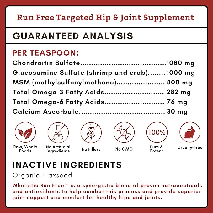 Wholistic Pet Organics Run Free - 8 Oz - Dog Joint Supplement for Senior Dogs, Glucosamine Chondroitin MSM, Dog Vitamins, Cat Joint Pain Relief