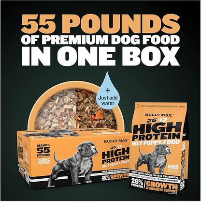 Bully Max Wet Puppy Food - Instant Fresh Dehydrated High Protein Soft Dog Food with Chicken - Healthy Growth for Small & Large Breed - 20 Dry Dog Food Pounds (Makes 55 lbs. Wet Dog Food, 10 Pouches)