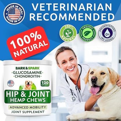BARK&SPARK Advanced Hemp Chews for Dog Joint Pain Relief - Glucosamine Chondroitin Hemp Treats Hip Joint Health - Joint Supplement Large Breed & Small - Treats Joints Old Senior Dog (120Ct/Bacon)