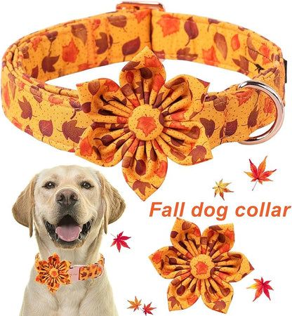 ARING PET Fall Dog Collar-Cotton Maple Leaves Dog Collar with Flower, Adjustable Autumn Leaves Dog Collars Pet Necklace with Metal Buckle for Girl&Boy Dogs