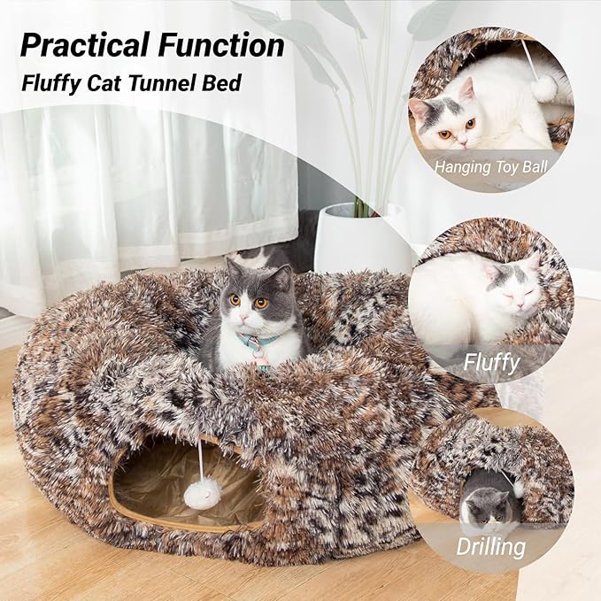 LUCKITTY Warm Fluffy Plush Cat Dog Tunnel Bed with Washable Cushion- Big Tube Playground Toys 3 FT Diameter Collapsible, for Indoor Cat Kitty Kitten Puppy Rabbit Ferret Leopard Print