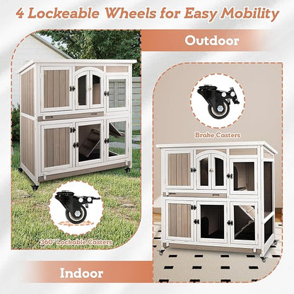 2 Story Large Rabbit Hutch Indoor with 2 Deeper Pull-Out Trays, Wooden Rabbit Cage with 4 Lockable Wheels, Ramp, Chew-Anti Metal Strip for Rabbit, Guinea Pig, Hamster(47" L x 18" W x 42" H)