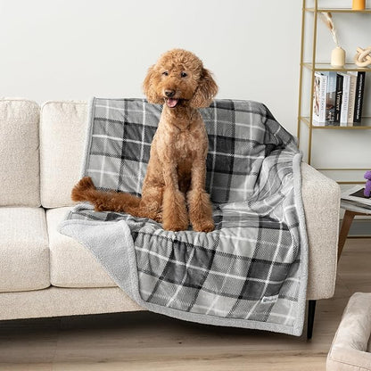 PetAmi WATERPROOF Dog Blanket for Bed, XL Dog Pet Blanket Couch Cover Protection, Sherpa Fleece Leakproof Bed Blanket for Crate Kennel Sofa Furniture Protector, Reversible Soft 80x60 Plaid Light Gray