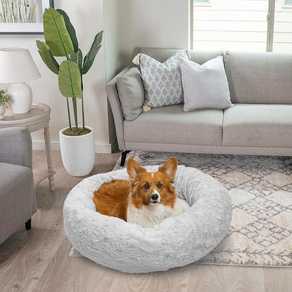 Best Friends by Sheri Original Calming Donut Dog and Cat Bed, Lux Faux Fur, Gray, (30in x 30in) - Anxiety Relief for Pets Up to 45 lbs