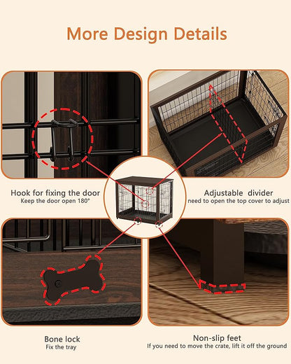 Piskyet Wooden Dog Crate Furniture with Divider Panel, Dog Crate End Table with Fixable Slide Tray, Double Doors Dog Kennel Indoor for Dogs(XL:43.2" L * 28.6" W * 30.3" H,Brown Walnut)