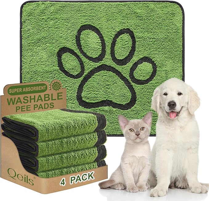 Qeils Washable Pee Pads for Dogs, 4 Pack Super Absorbent Reusable Puppy Pads with Green Long Wool for Potty Training, Floor, Couch, Bed, and Crate,30"x 34"
