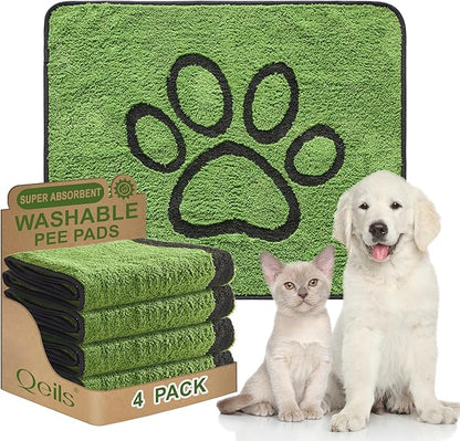Qeils Washable Pee Pads for Dogs, 4 Pack Super Absorbent Reusable Puppy Pads with Green Long Wool for Potty Training, Floor, Couch, Bed, and Crate,30"x 34"