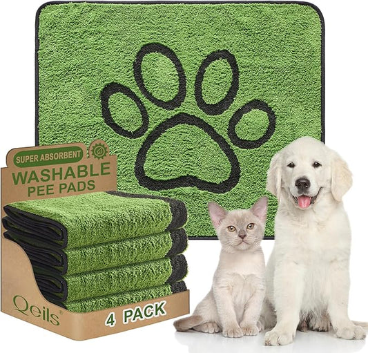 Qeils Washable Pee Pads for Dogs, 4 Pack Super Absorbent Reusable Puppy Pads with Green Long Wool for Potty Training, Floor, Couch, Bed, and Crate,30"x 34"