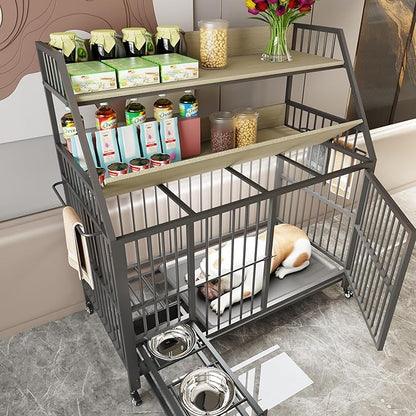 KEIKI 47 Inch Dog Crate Furniture for Large Medium Dogs, with Storage Shelves and Bowls, Indoor Dog Cage with 360° Caster Wheels & Flip-top Plate, Beige