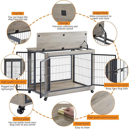 NicBex Dog Crate Furniture Dog Cage with Doors and Lift Top, Dog Kennels for Inside Space, Wooden Dog Crate on Wheels with Durable Frame for Multiple Dogs, Grey