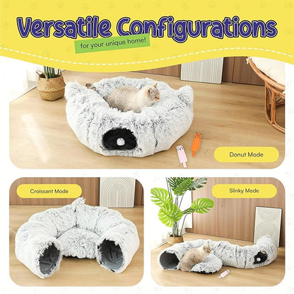 Cat Tunnel Bed Cave with Catnip Toys - Peekaboo Cat Hideaway & Cat Donut Tunnel - 3-in-1 Cat Tunnels for Indoor Cats - Foldable Cute Cat Bed - 32" Washable