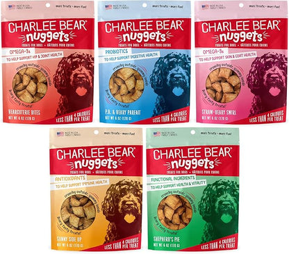 Charlee Bear Nuggets Healthy Dog Treats with Probiotics and Antioxidants to Support Digestion, Immunity, Skin and Coat, 6oz Bags (5), Made USA