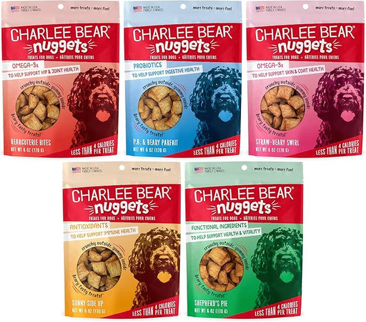 Charlee Bear Nuggets Healthy Dog Treats with Probiotics and Antioxidants to Support Digestion, Immunity, Skin and Coat, 6oz Bags (5), Made USA