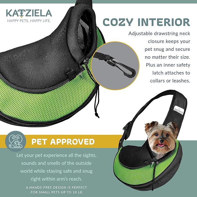 Expandable Pet Carrier Sling Bag - Small Dog, Puppy and Cat Carrier Front Shoulder Backpack w/Harness Strap - Carrying Pouch for ESA, Animal Travel - PU Leather Bottom, Mesh Pocket by Katziela (Green)