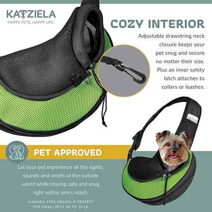 Expandable Pet Carrier Sling Bag - Small Dog, Puppy and Cat Carrier Front Shoulder Backpack w/Harness Strap - Carrying Pouch for ESA, Animal Travel - PU Leather Bottom, Mesh Pocket by Katziela (Green)