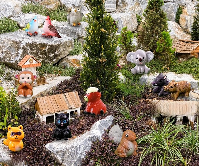 37 Pcs Mini Resin Animal Figurines Fairy Garden Accessories Micro Landscape Decor with Tiger Elephant Owl Giraffe Panda Flamingo Fox Monkey Hippo