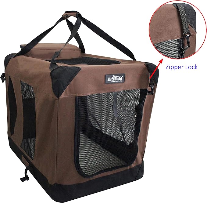 EliteField 3-Door Folding Soft Dog Crate with Carrying Bag and Fleece Bed (2 Year Warranty), Indoor & Outdoor Pet Home (42" L x 28" W x 32" H, Brown)