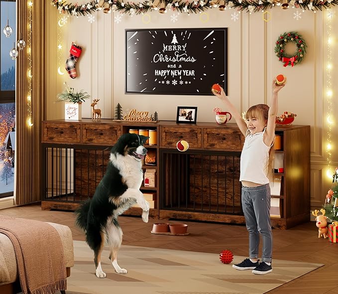 Dog Crate Furniture 47, Large Dog Crate TV Stand with 2 Drawers and 4 Shelves, Wooden Dog Kennel Indoor, Decorative Dog Cage with Storage for Large Dogs, Brown