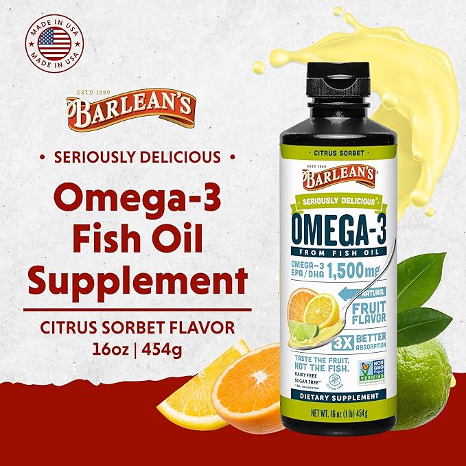 Barlean's Citrus Sorbet High Potency Omega 3 Fish Oil Liquid Supplement, 1500mg of EPA & DHA Fatty Acid, Smoothie Flavored & Burpless for Brain, Joint, & Heart Health, 16 oz