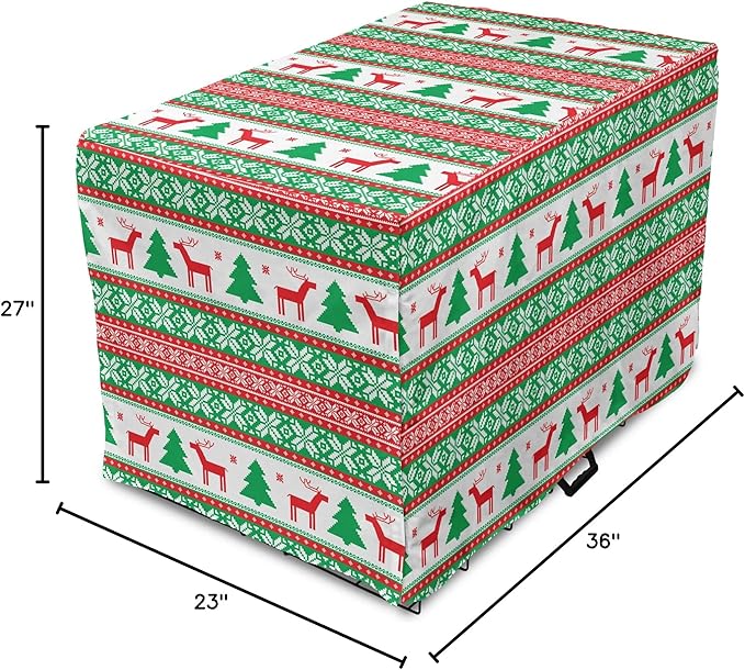 Ambesonne Christmas Dog Crate Cover, Knit Style Graphic Reindeer Star and Snowflake Holiday Family Theme, Easy to Use Pet Kennel Cover for Medium Large Dogs, 36 Inch, White Green