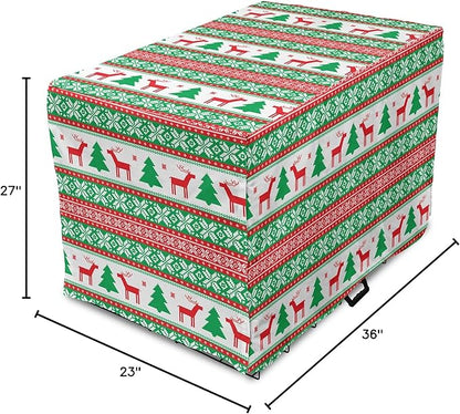 Ambesonne Christmas Dog Crate Cover, Knit Style Graphic Reindeer Star and Snowflake Holiday Family Theme, Easy to Use Pet Kennel Cover for Medium Large Dogs, 36 Inch, White Green