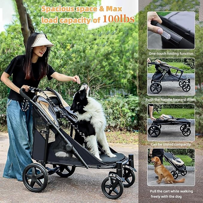 Dog Stroller for Medium/Large Dogs One-Click Folding Totoro ball 4 Wheel Pet Stroller Foldable Dog Stroller for 2 Dogs Jogger Stroller with Storage Pocket Suitable for Pets Up to 110LBS (Beige&Grey)