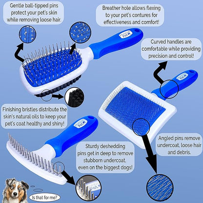 6 In 1 Premium Dog Brush Set - Dog Grooming Brushes - Ball Pin & Bristle Brush, Curved Blade Dematting Comb, Slicker Brush, Deshedding Edge Comb, Detangling Pet Comb