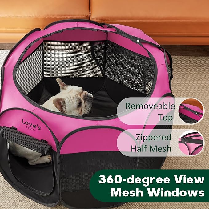 Love's cabin Pet Puppy Dog Playpen, Medium Dog Tent Crates Cage Indoor/Outdoor, Portable Playpen for Dog and Cat, Foldable Pop Up Dog Kennel Playpen with Carring Case, Removable Zipper Top, Pink