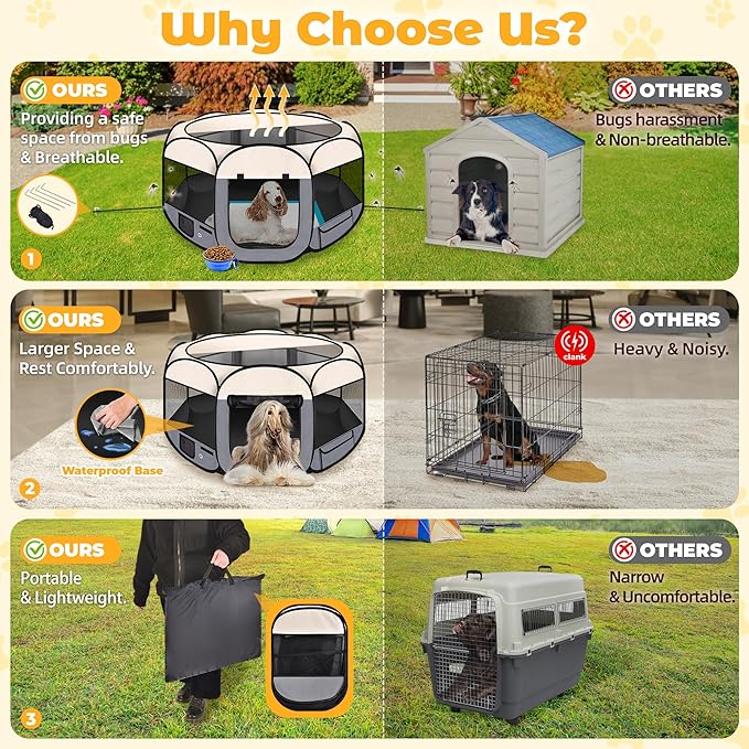 45" Foldable Pet Playpen for Large Dogs, HOMAGICO Pet Playpen for Indoor Cats Enclosed, Portable Dog Playpen Outdoor Tent Crate with Carrying Case, Water-Resistant and Removable Shade Cover, Grey