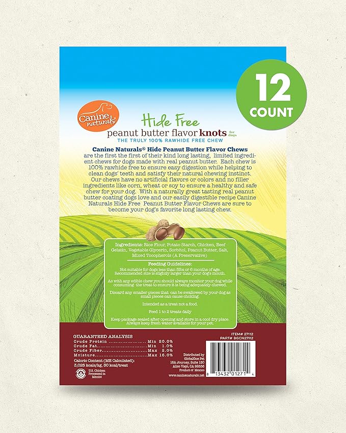 Canine Naturals Natural Peanut Butter Chew, Mini Knot - 12 Pack - 100% Rawhide Free and Collagen Free Dog Treats - Made with Real Peanut Butter - All-Natural and Easily Digestible