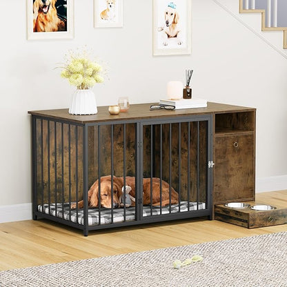YITAHOME Dog Crate Furniture with Feeder Bowls, 55" Large Breed Dog Kennel with Storage Drawer, Heavy Duty Dog House TV Stand Indoor for Medium Dogs, Brown